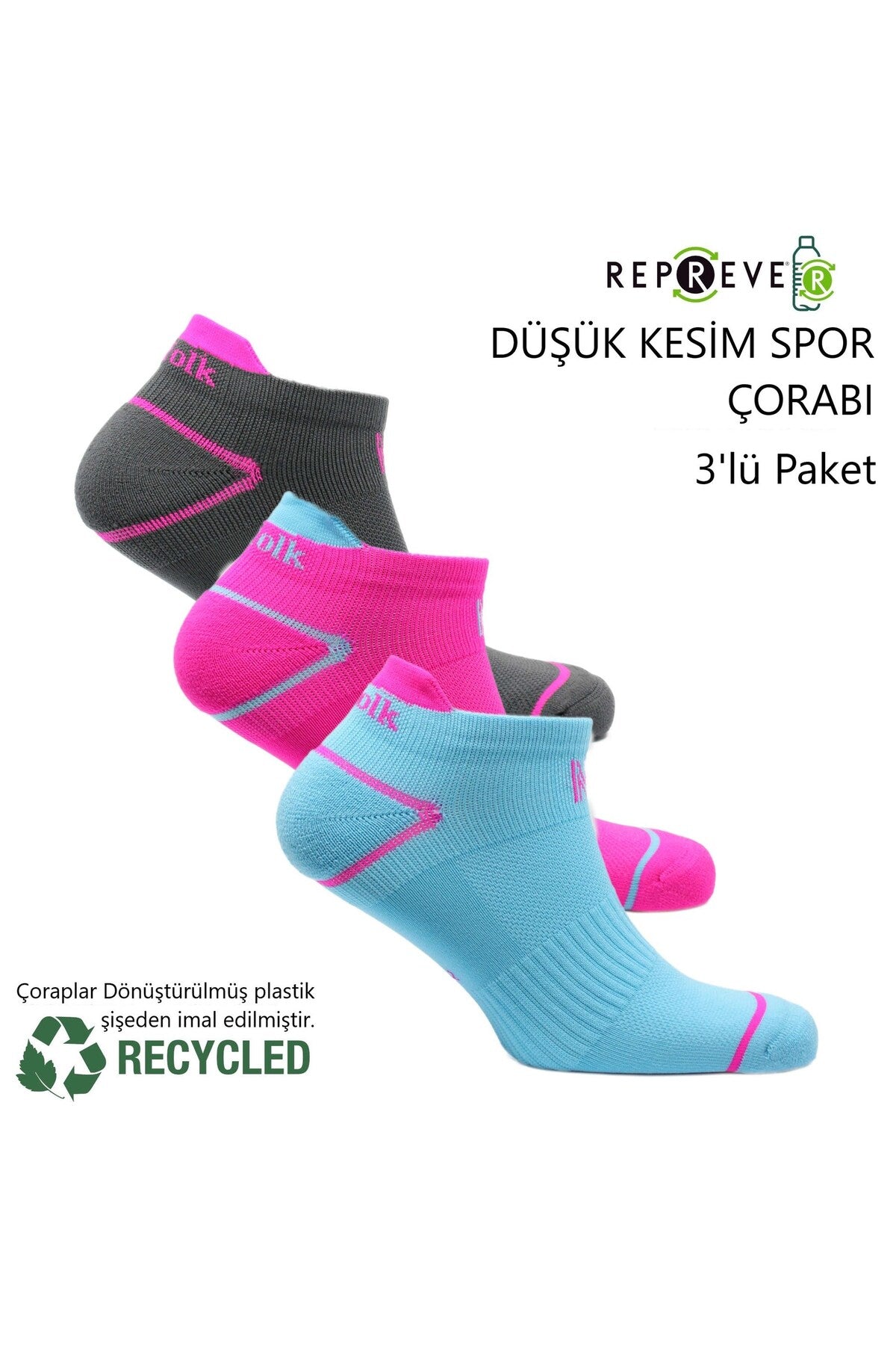 Caretta Çevre Dostu Repreve® Düşük Kesim Koşu ve Yürüyüş Çorabı 3'lü Paket Mavi-Fuşya-Antrasit