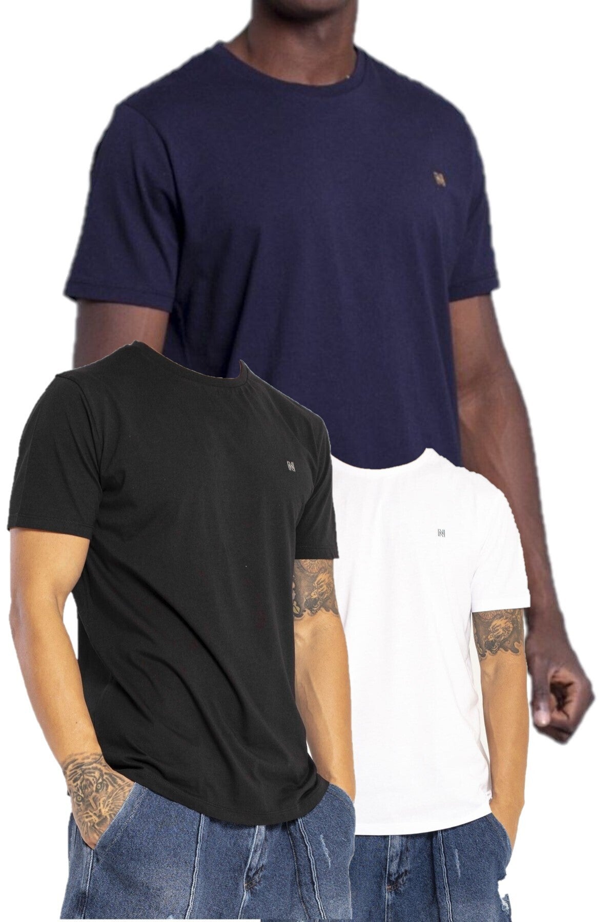 VIGO 3'lü Erkek %100 Pamuk Oval Kesim Bisiklet Yaka Basic Tişört (Beyaz-Lacivert-Siyah)