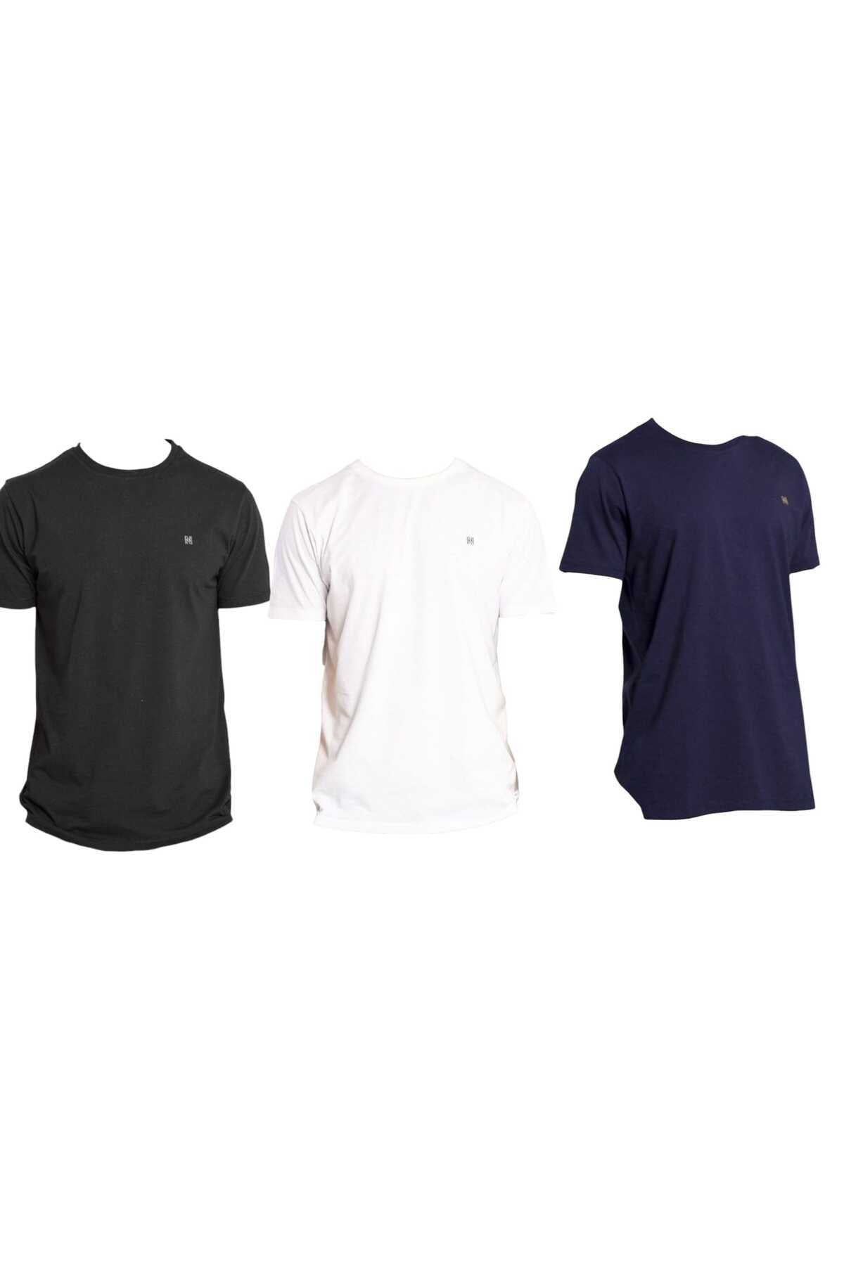 VIGO 3'lü Erkek %100 Pamuk Oval Kesim Bisiklet Yaka Basic Tişört (Beyaz-Lacivert-Siyah)