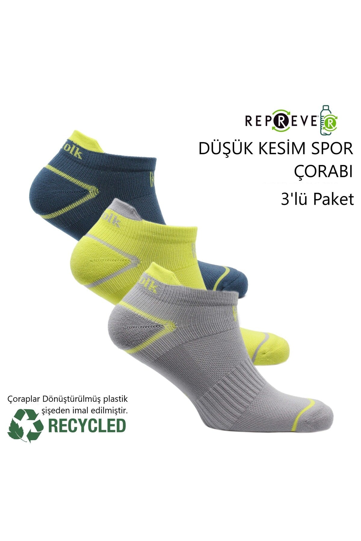 Caretta Çevre Dostu Repreve® Düşük Kesim Koşu ve Yürüyüş Çorabı 3'lü Paket Gri-Sarı-Mavi