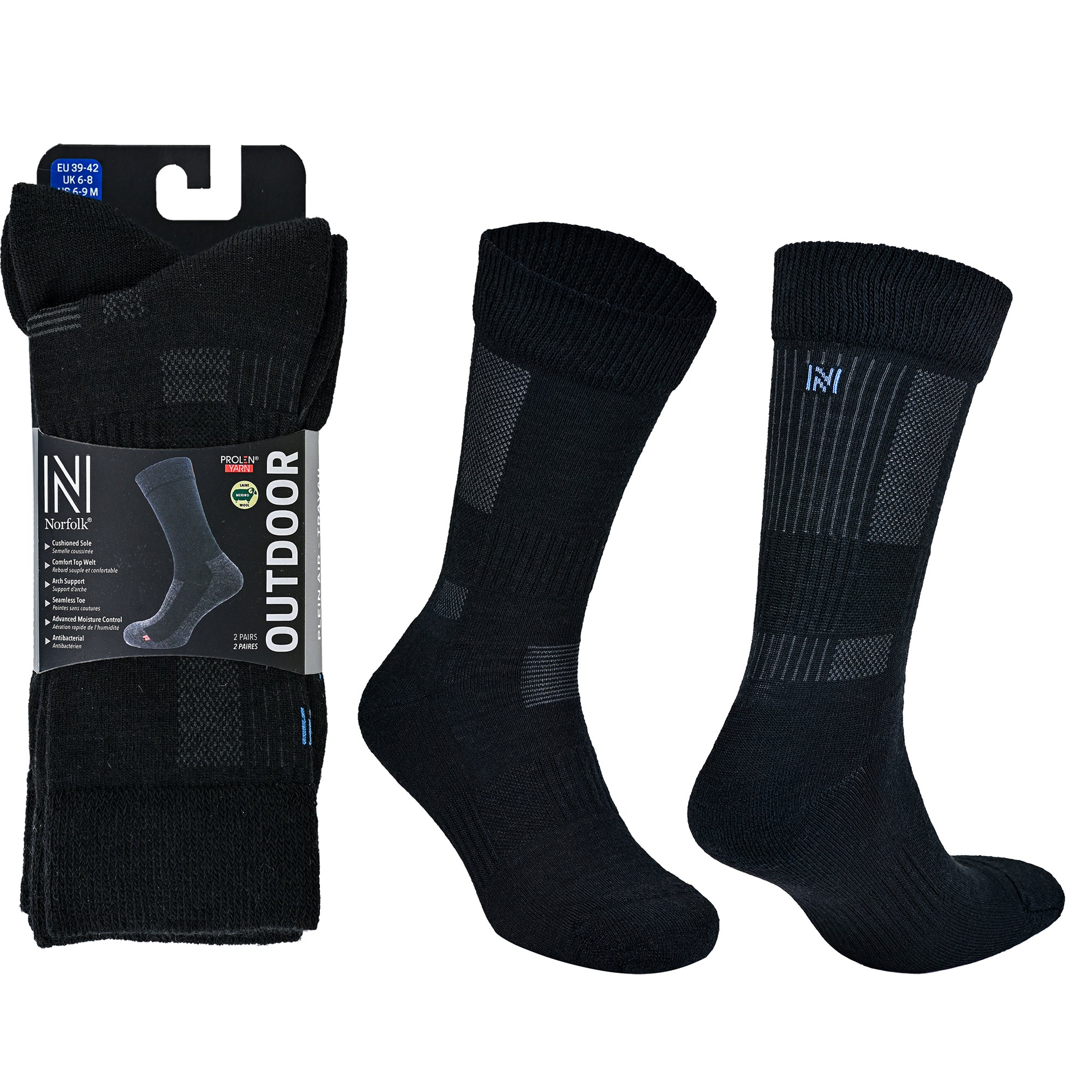 LEONARDO Merino Yünü Outdoor Yürüyüş Çorabı 2'li Paket Jet Black