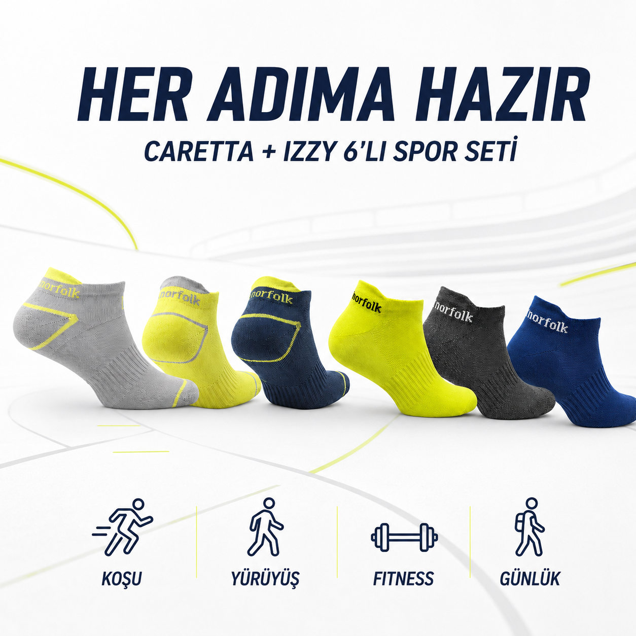 Motion Aktif Yaşam Düşük Kesim Spor Çorabı 6'lı Set – Gri/Sarı/Mavi + Sarı/Gri/Lacivert