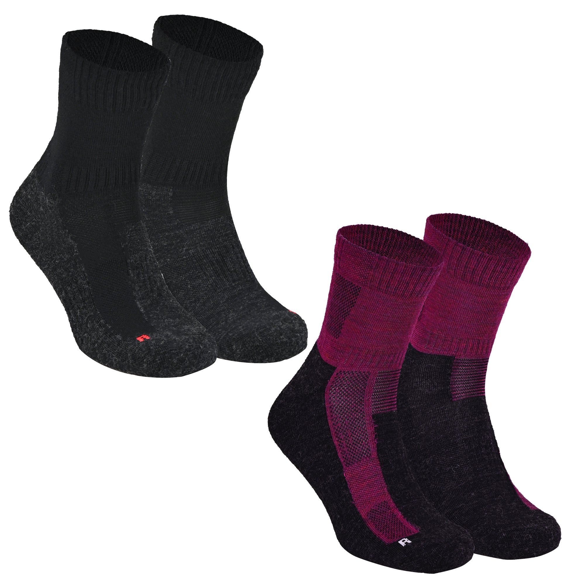 Leonardo QTR Merinos Yünü Yastıklamalı Bisiklet/Yürüyüş Çorabı 2'li Paket Siyah/Magenta