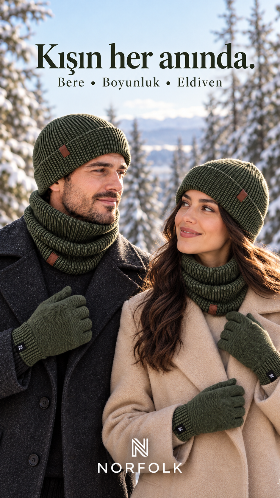 Winter Set %70 Merino Yünü Termal Bere Boyunluk ve Eldiven 3'lü Kış Seti - Yeşil