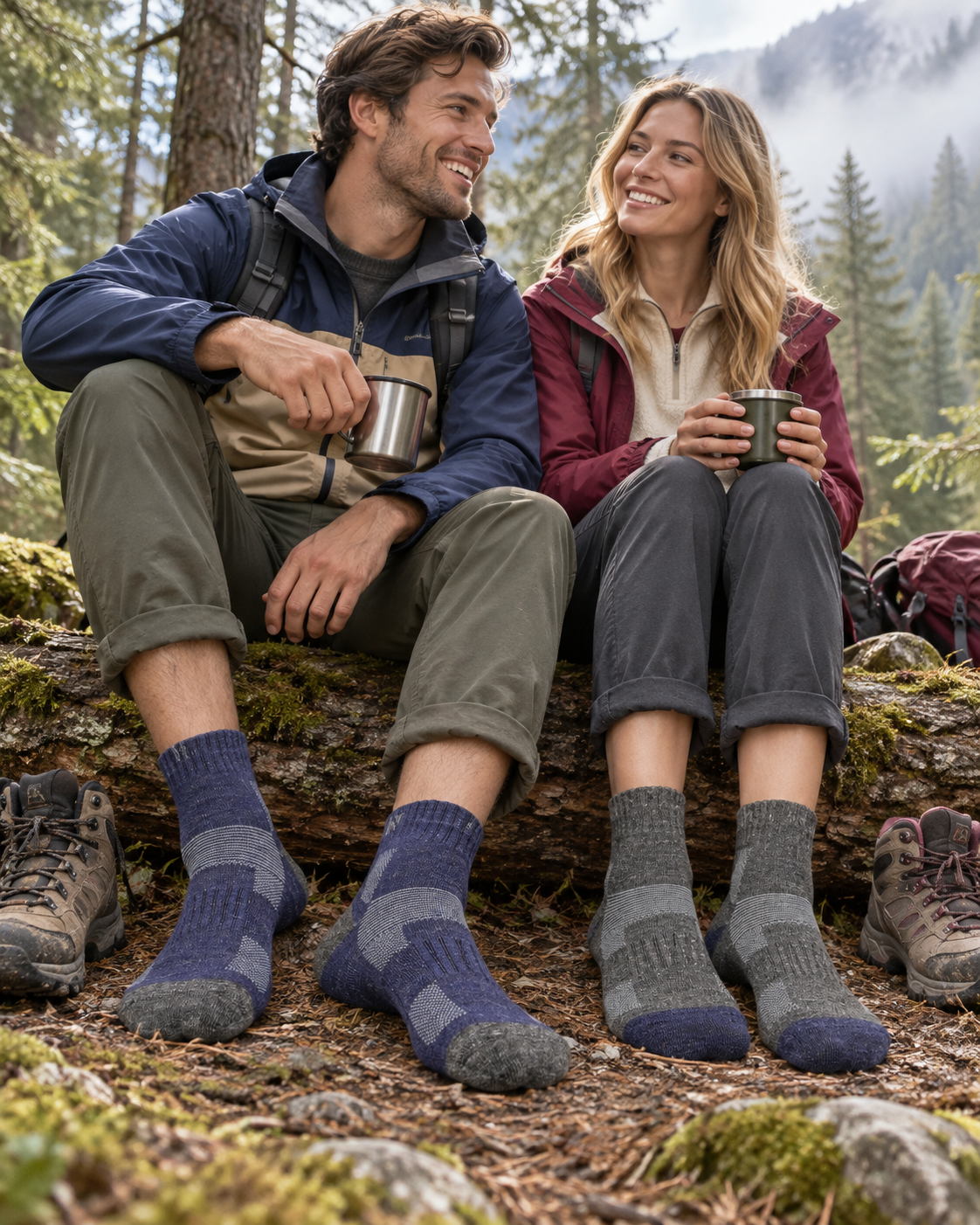 Avery Merino Yünlü İç Astarlı Outdoor Yürüyüş Çorabı 2'li Paket - Lacivert/Gri