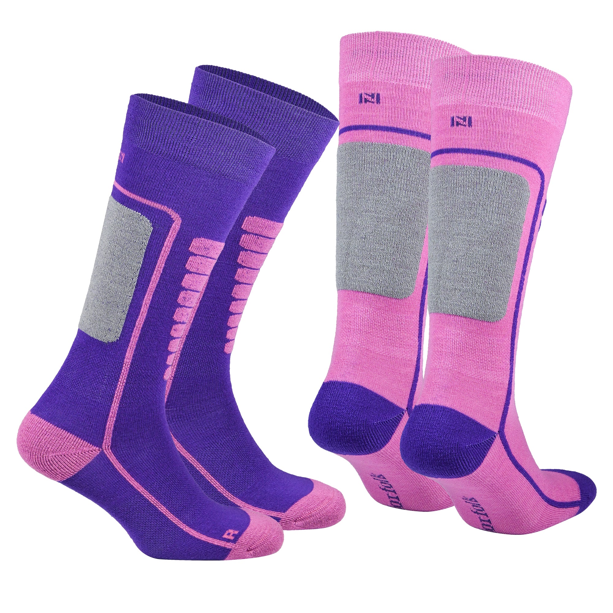 Courchevel Merino Yünü Hafif Çocuk Kayak Çorabı 2'li Paket - Pembe/Mor