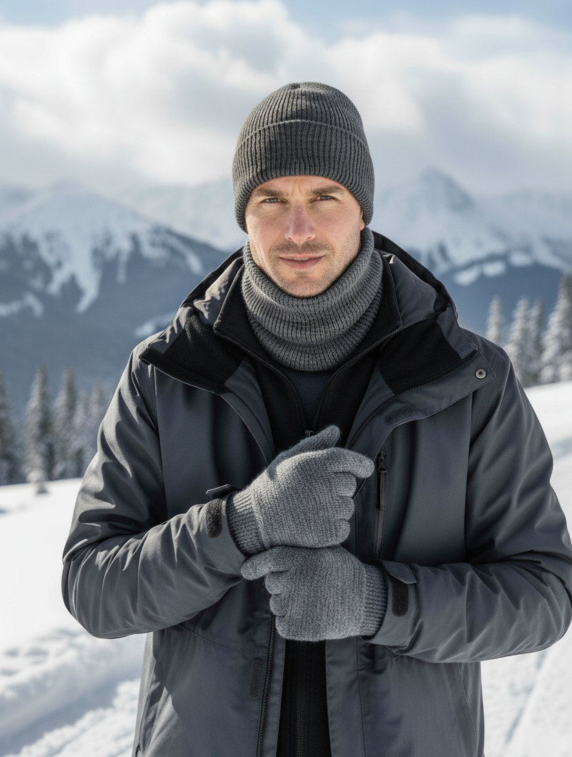 Winter Set %70 Merino Yünü Termal Bere ve Eldiven 2'li Kış Seti - Gri