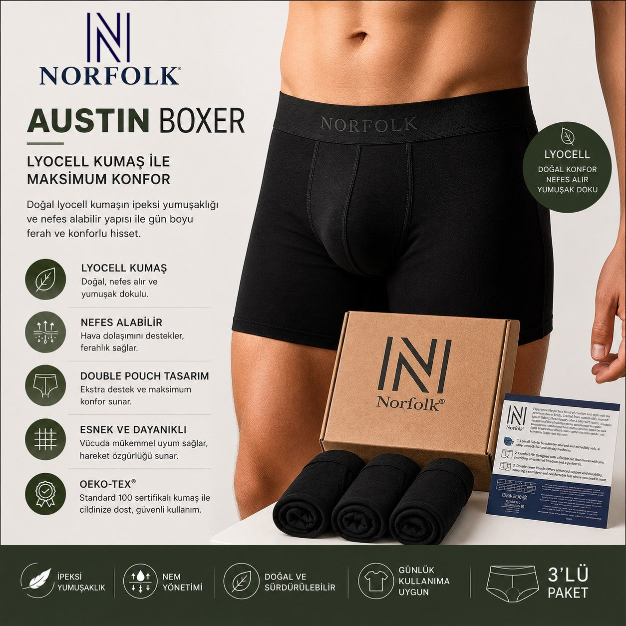 Austin Boxer – Lyocell Kumaş ile Maksimum Konfor 3'lü Paket Siyah