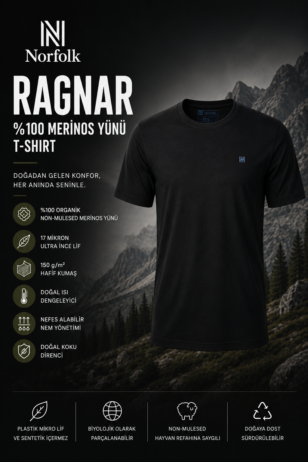 RAGNAR Organik Non-Mulesed %100 Merino Yünü T-Shirt - Siyah